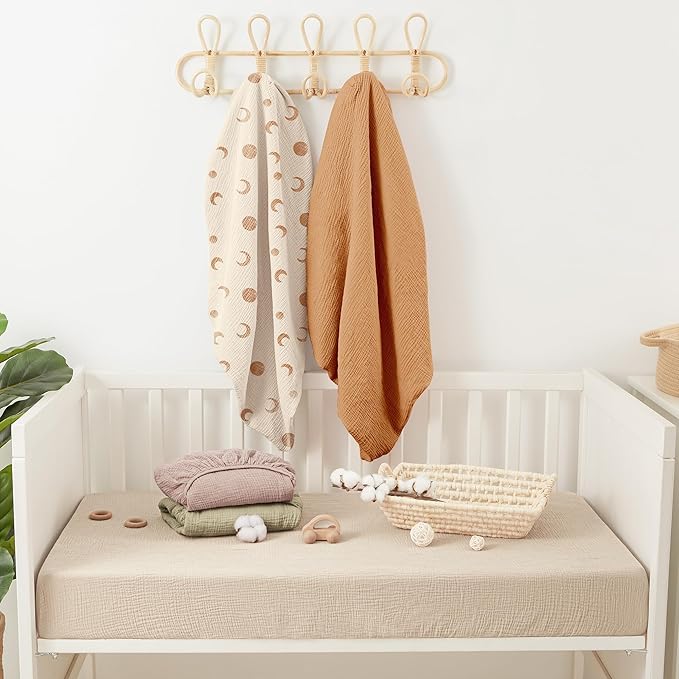Bearmoss Muslin Mini Crib Sheets for Pack N Play Mattress - 100% Cotton - 38"x26" Soft Breathable Playard Baby Crib Sheets Neutral for Boys Girls - 2 Pack (Brown Moon)