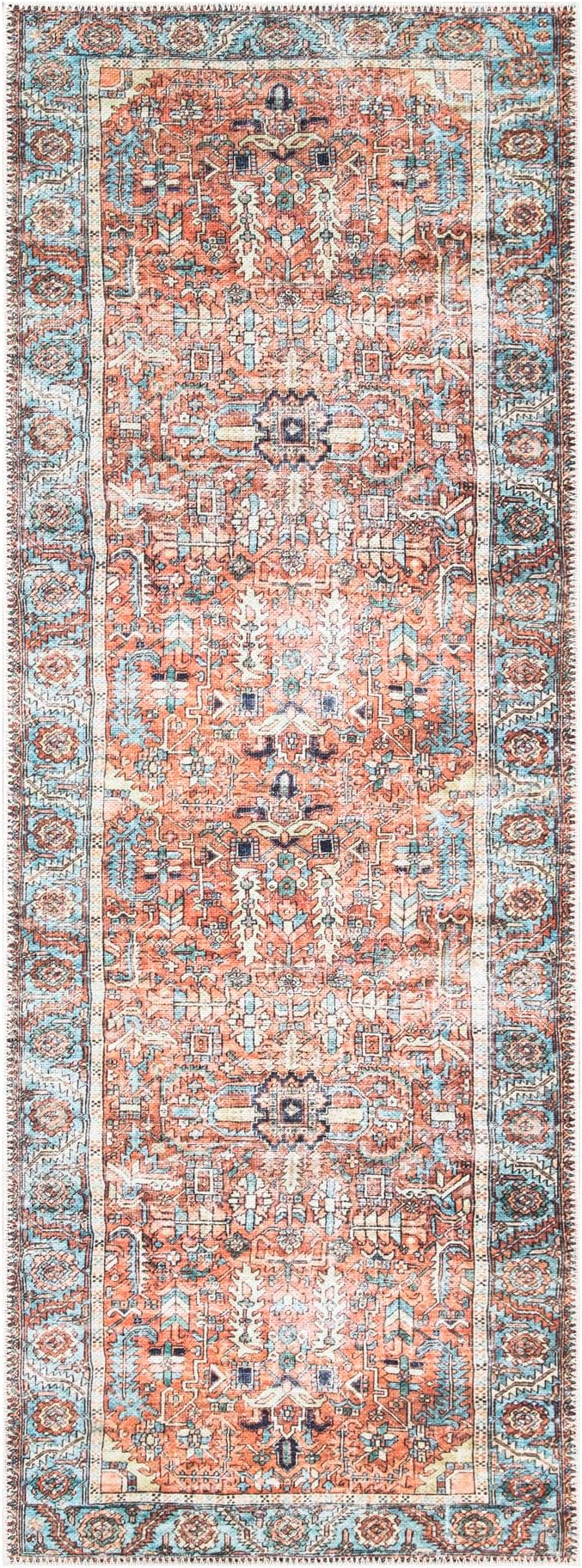 Bloom Rugs Washable Non-Slip 7 ft Runner - Orange/Blue Traditional Runner for Entryway, Hallway, Bathroom, and Kitchen - Exact Size: 2.5' x 7'
