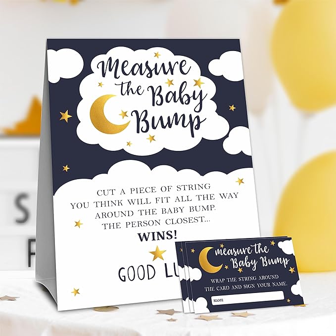 Baby Shower Measure The Baby Bump Game Set - Twinkle Twinkle Little Star - 1 Self-Standing Sign And 50 Tickets - Gender Reveal, Baby Shower, Baby Announcement Activity & Party Favor Supplies - A01