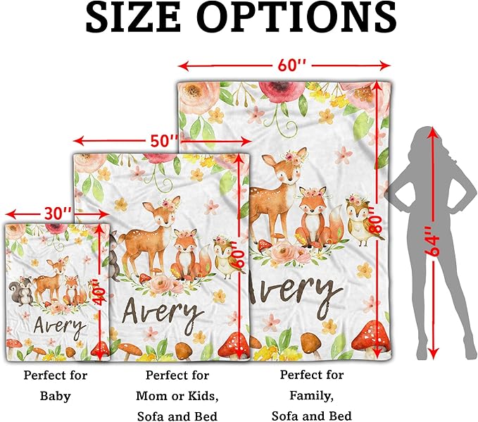 Arteaga Personalized Baby Blanket for Girls - Customized Woodland Animals Design, Super Soft Plush Fleece, 30''x40'' for Newborn, New Mom