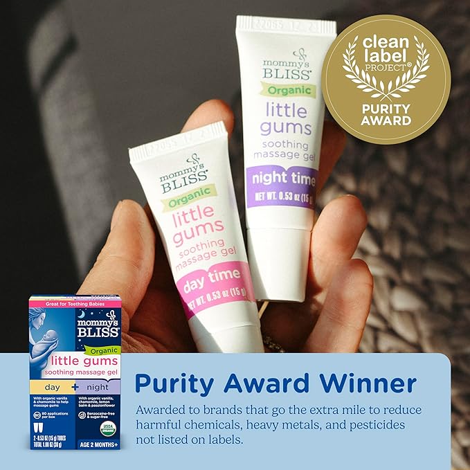 Mommy's Bliss Organic Little Gums Soothing Massage Gel Day and Night Combo, Great for Teething Babies, Age 2 Months+, Sugar Free, Mild & Sweet Flavor, 2 - 0.53 Oz Tubes (Pack of 1)
