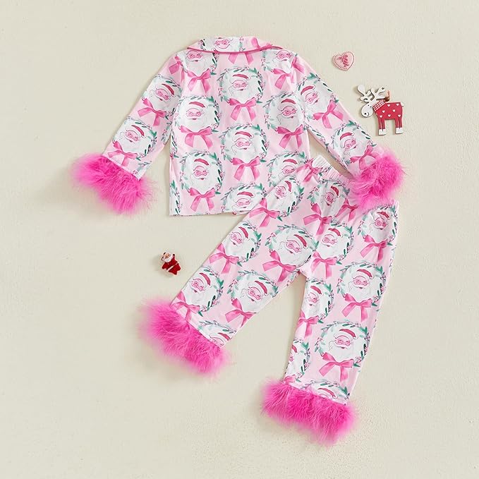 Toddler Kids Baby Girl Solid Pjs Ruffle Long Sleeve Button Shirt Top and Pants Cotton 2Piece Pajamas Set