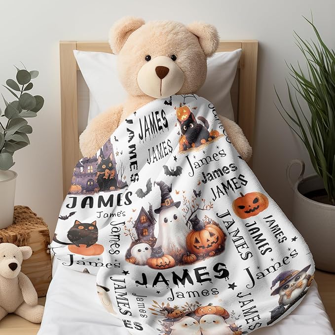 Ship Next Day, Custom Halloween Blanket - Printed in USA, Personalized Baby Blankets with Name, Gift for Kids Girls Boys, Unique Present for Birthday, Christmas, Halloween Bats Toddler Blanket