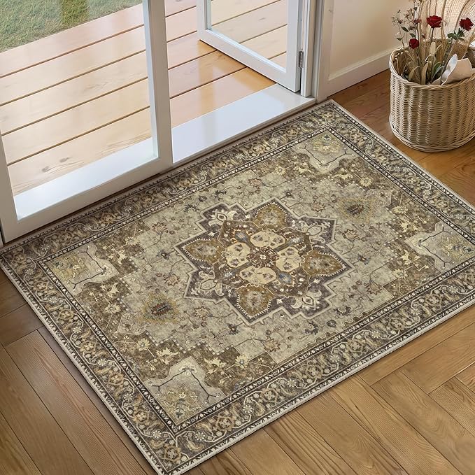 Ciicool Washable Vintage Area Rug, 2x3ft Small Boho Rug, Ultra Soft Rugs for Entryway, Non-Slip Entry Rugs Oriental Low-Pile Indoor Mat Floor Carpet for Entrance Bedroom Kitchen Bathroom Foyer Decor