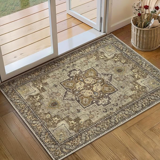 Ciicool Washable Vintage Area Rug, 2x3ft Small Boho Rug, Ultra Soft Rugs for Entryway, Non-Slip Entry Rugs Oriental Low-Pile Indoor Mat Floor Carpet for Entrance Bedroom Kitchen Bathroom Foyer Decor