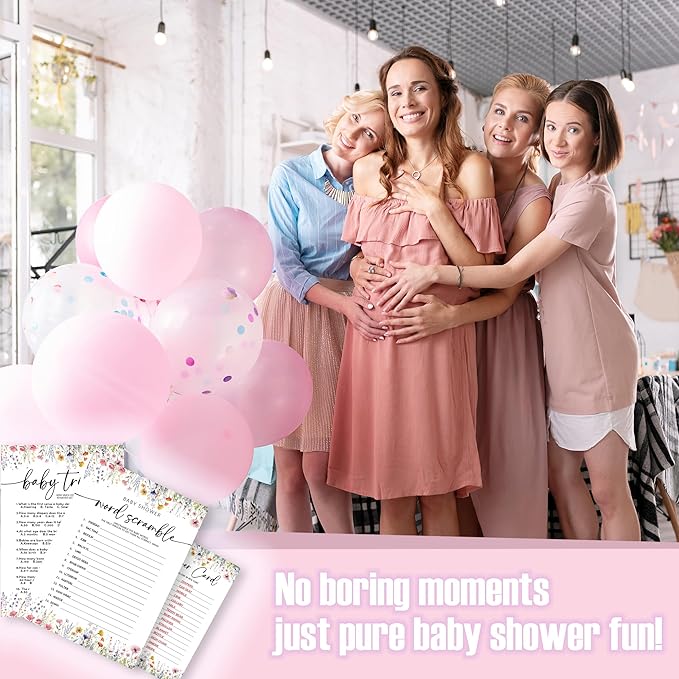 Wild Floral Baby Shower Game - Word Scramble,Baby Trivia-2 Games, 30 Pcs Double Sided Theme Game Cards With 1 Answer Card For Boy Girl, Gender Reveal Games, Baby Shower Favor And Decorations - A06