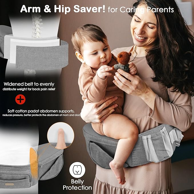 Baby Hip Seat Carrier, Adjustable Waistband with 3D Abdominal Support & Various Pockets Ergonomic Carrier for Newborns to Toddlers up to 33 lbs Medium Light Grey
