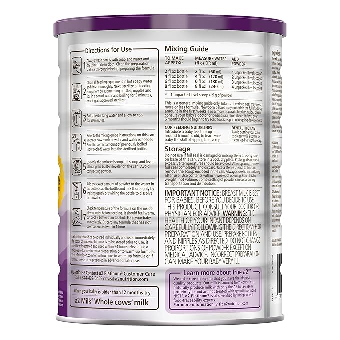 a2 Platinum® Premium Infant Formula for Babies Ages 0-12 Months, Whole Milk Powder-Based Formula with Iron, Nutritionally Complete, Made with Pure and Natural a2 Milk®, 31.7- oz Can, Pack of 6