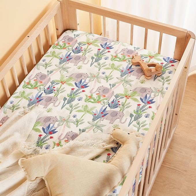 TILLYOU Muslin Crib Sheets for Boys and Girls 2 Pack, Neutral Soft Cotton Baby Crib Mattress Protector, for 52x 28 Toddler Bed, Rainforest Elephant & Grey