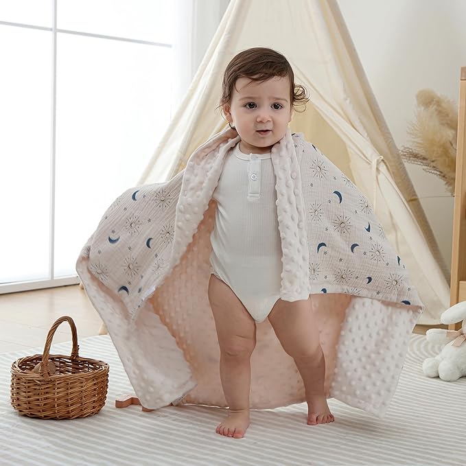 DaysU Baby Blankets Unisex with Muslin Cotton Front and Dotted Fleece Back, Silky Micro Super Soft Plush Newborn Baby Blankets for Boys Girls, Bed Blanket Bed Throws, Star Moon, 30x40 inches