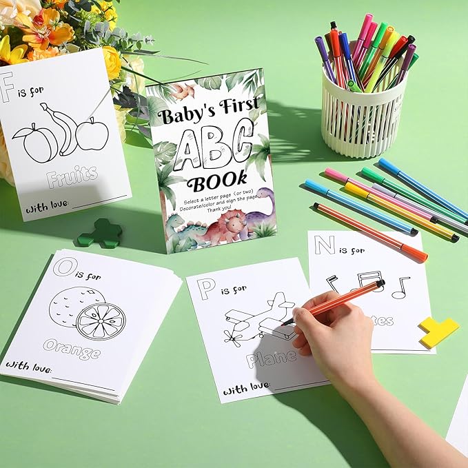 Geelin 51 Pcs Fun Baby Shower Game Activities First ABC Book Sign Coloring Game Card 26 Alphabet a to Z Coloring Card with 24 Watercolor Pen Storage Bag for Baby Shower Party(Dinosaur)