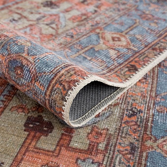 Bloom Rugs Washable 10 ft Runner - Terracotta/Blue Traditional Runner for Entryway, Hallway, Bathroom, and Kitchen - Exact Size: 2.5' x 10'