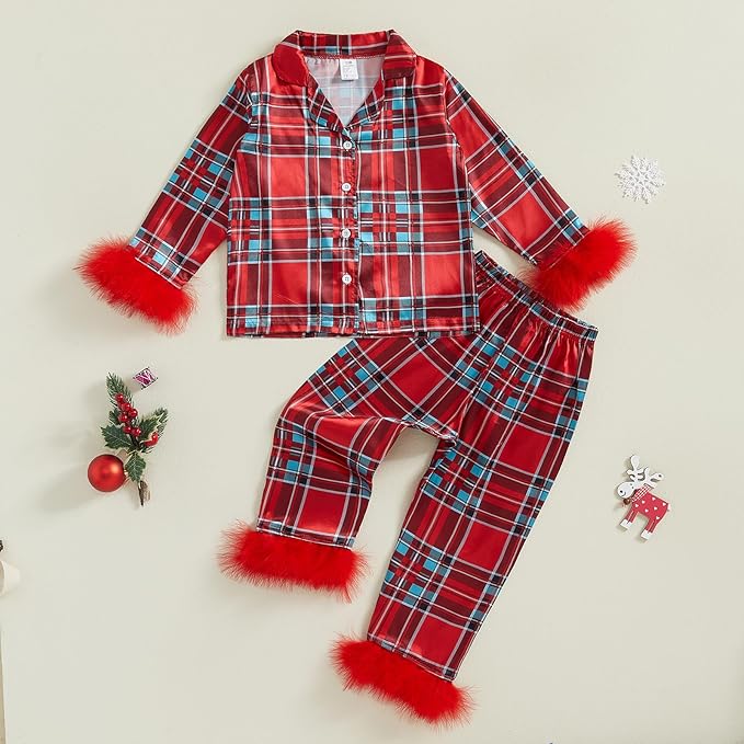 Toddler Kids Baby Girl Solid Pjs Ruffle Long Sleeve Button Shirt Top and Pants Cotton 2Piece Pajamas Set