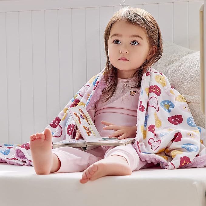 DaysU Silky Micro Soft Plush Baby Blankets for Girls with Print Floral Pattern and Soothing Raised Dots, Double Layer Bed Throws for Baby Crib, Flower, Pink, 30x40 Inches