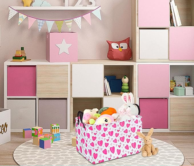 Rectangle Kids Gift Storage Basket Shelf Storage Basket Organizer Box Clothes Laundry Hamper Toys Nursery Basket Baby Laundry Basket with Handles(Pink Heart)
