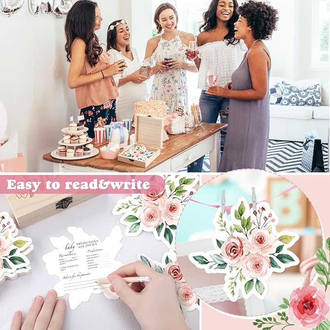 50 Pcs Double Side Baby in Bloom Predictions & Advice Cards Flower Flora Baby Shower Decoration for New Parents Shower Games with Cards Wooden Keepsake Box for Wishes