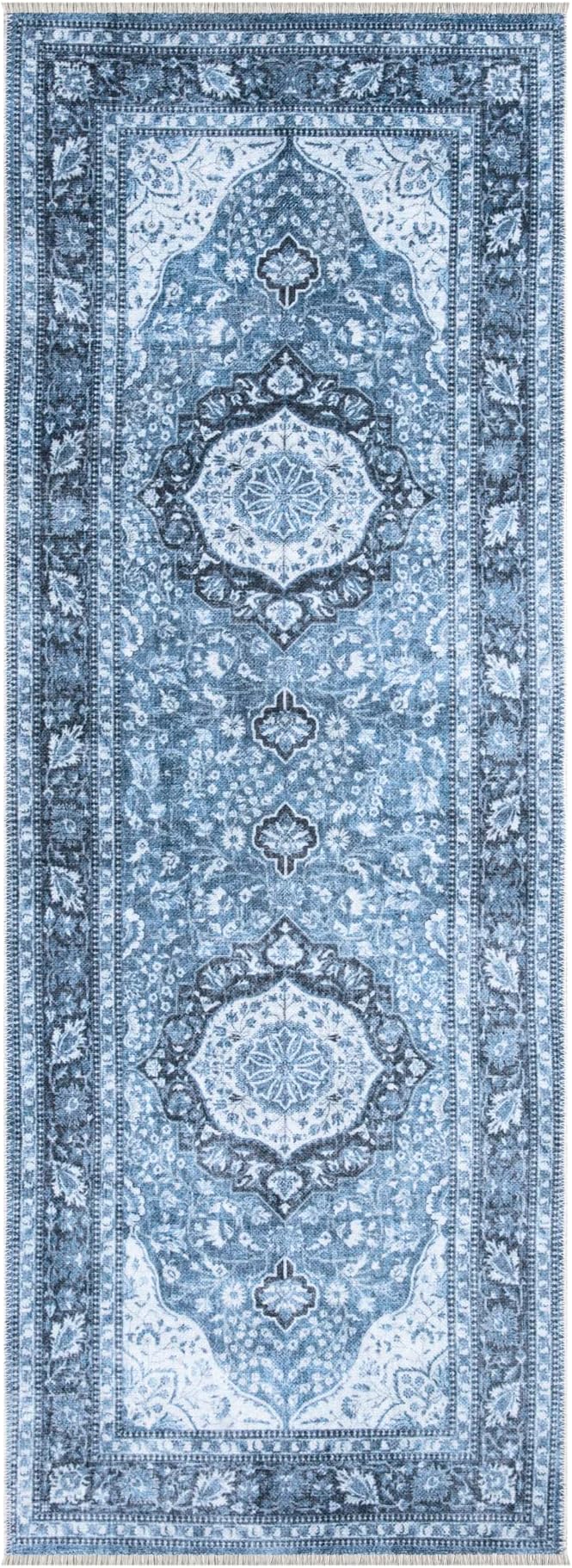 Bloom Rugs Caria Washable Non-Slip 7 ft Runner - Blue Traditional Runner for Entryway, Hallway, Bathroom, and Kitchen - Exact Size: 2'6" x 7'