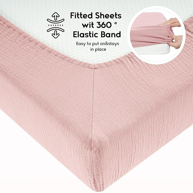 Yoofoss Muslin Crib Sheets for Boys & Girls - 100% Cotton Fitted Baby & Toddler Sheet - 2 Pack - Soft & Breathable - Standard & Toddler Mattress - 52"x28" - Apricot & Pink