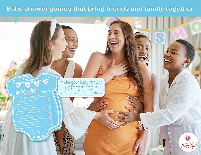 Party Hearty Baby Shower Games for Boy, 50 pcs Blue Mommy or Daddy Guess Who Game, Fun Activity Cards, Baby Shower Ideas