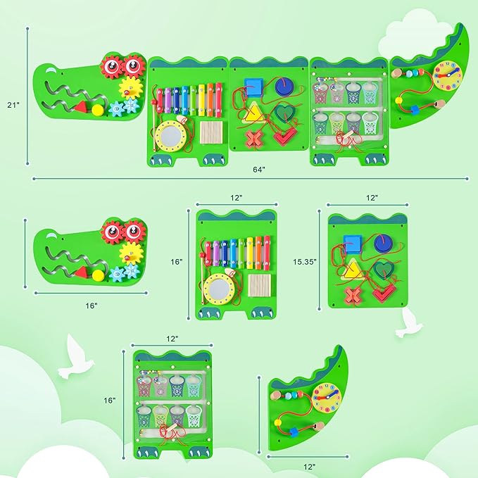 Crocodile Sensory Toys Activity Wall Panels, Educational Montessori Busy Board for Toddlers, Activity Cube - Sensory Wall, Wooden Learning Toys, Interactive Toy-Green