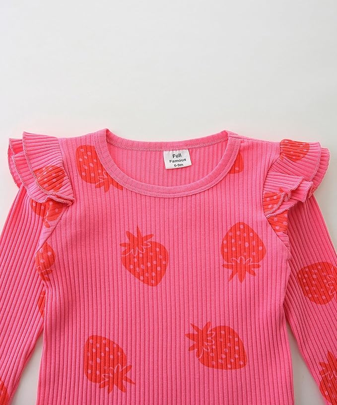 Fullfamous Baby Girl's 3pc Rib Frill Long Sleeve Romper and Pant Set