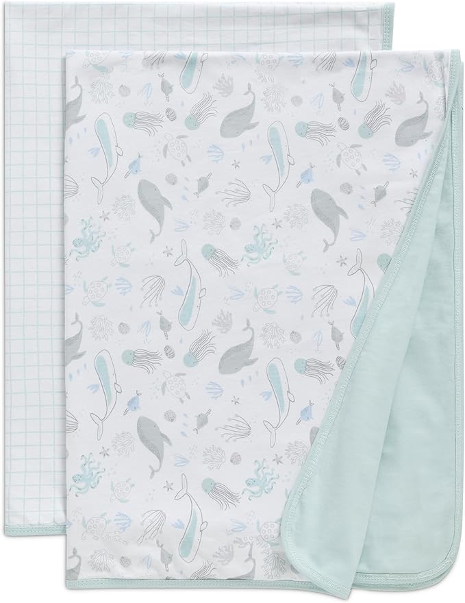Delta Children 100% Organic Jersey Cotton Baby Receiving Blankets for Girls and Boys – 30x40 Inches - GOTS Certified (Pack of 2), Sea Life