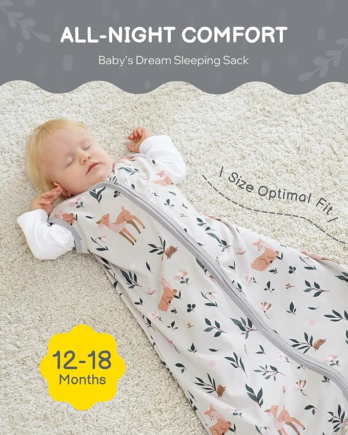 Baby Sleep Sack 12-18 Months, 100% Organic Cotton Wearable Blanket for Babies, 2-Way Zipper TOG 0.5 Lightweight Breathable Baby Sleeping Bag, 4 Sizes-L Cotton&Fawn&Grey