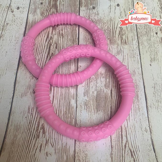 Babynow Teething Rings - Sensory Teether Ring Pacifiers for Baby 0-12 Months Sensory Chew Toy Safe Toddler Comforter Soother Infant Dummie Toy - Pink 2 Pack