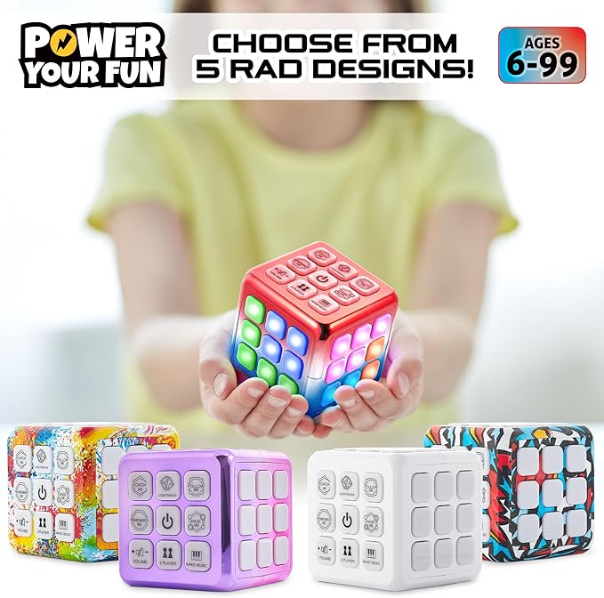 Power Your Fun Cubik LED Flashing Cube Memory Game - Electronic Handheld Game STEM Toy, 5 Brain Memory Games for Kids Brain Play Sensory Toys Puzzle Fidget Toy Light Up Cube (Metallic Red/Blue)