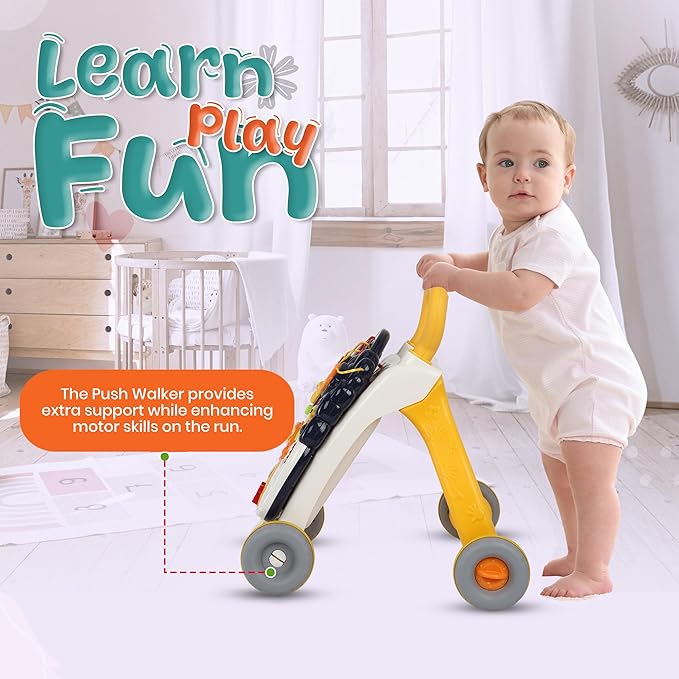 YOLAY Baby Walker Push with Wheels, Sit-to-Stand Walker for Baby Boy and Girl 6-12 Months with Detachable Play Panel, Stable Handle, Early Learning Activity for Kids - Yellow