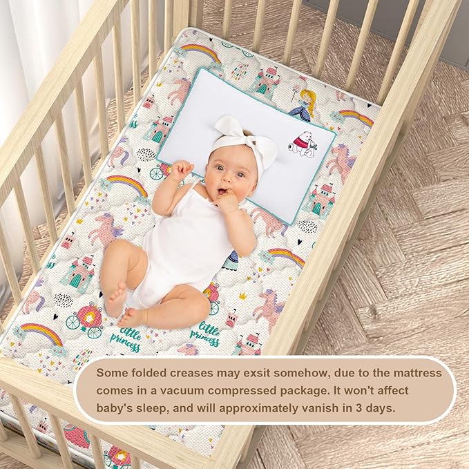 5" Crib & Toddler Mattress, 52x27.5 Breathable Knitted Fabric Cover, CertiPUR-US Certified Foam, Edge Reinforcement, Fits Standard Size Crib and Toddler Bed, Princess