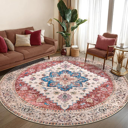 Ciicool Boho Area Rug Washable 6x6ft Round Bedroom Rug Non-Slip Oriental Throw Rug Low-Pile Floor Carpet for Dining Room Living Room