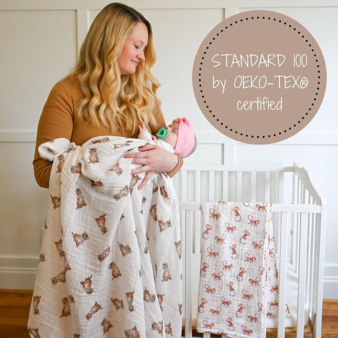 LollyBanks Baby Swaddle Blanket, 100% Muslin Cotton Baby Blanket for Boys and Girls, 47 x 47 Inches Soft and Breathable Swaddles for Newborns, Lightweight Newborn Blanket, Registry (Tiger Cub Print)
