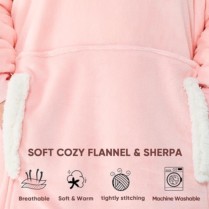 yescool Wearable Blanket Hoodie - Gifts for Women Her Girlfriend, Birthday Christmas Gifts For Mom, Oversized Flannel Sherpa Blanket Sweatshirt, One Size Fits All (Pink light)