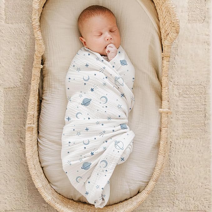 Konssy Muslin Swaddle Blankets for Boys Girls, 2 Pack Receiving Baby Blanket Large 47 x 47 inches, Soft Breathable Swaddling Wrap for Unisex Newborn (Star,Blue)