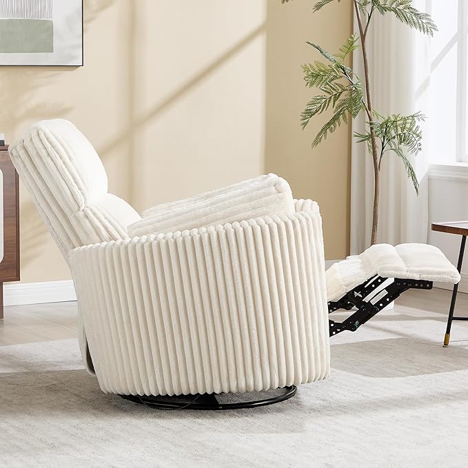 Recliner 360°Swivel Glider Rocking Chair, Upholstered Nursery Adult Rocking Chair with 2 Pillows for Living Room Bedroom (Beige Corduroy, Manual Operation)