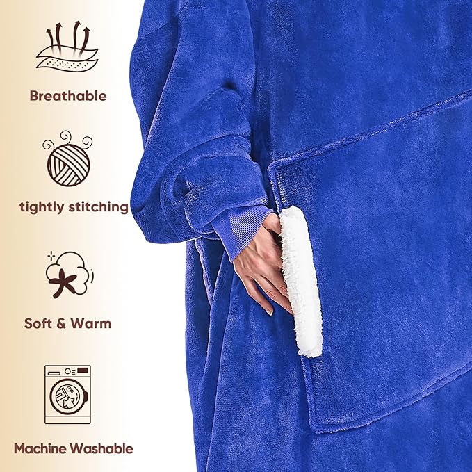 yescool Wearable Blanket Hoodie - birthday gifts for Adults/Women/mom, Flannel Cozy Sherpa Fleece Blanket Sweatshirt with Hood, Pocket & Sleeves, Large, One Size Fits All (Klein Blue)
