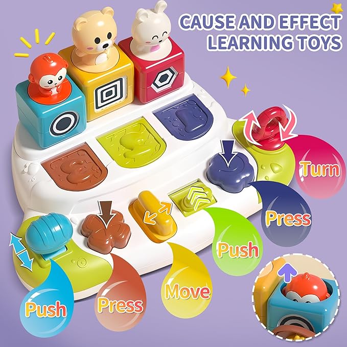 Pop Up Animals Toy with Buttons, Montessori Toys for Babies Cause and Effect Baby Toy Educational Toys 12-18 Months, Birthday Gift for Boys Girls