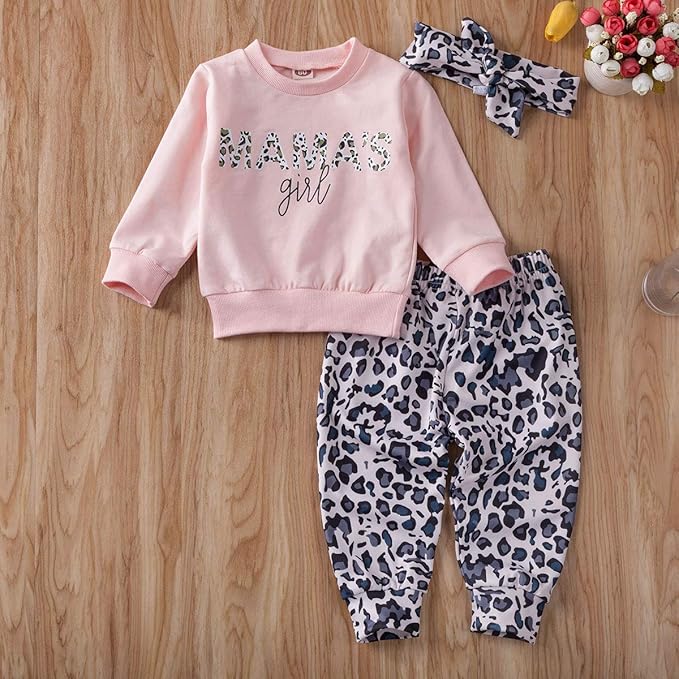 Madjtlqy Newborn Baby Girls Clothes Daddy Saying Top Printed T-Shirt Leopard Pants+Headband Sweatshirt Outfit Set