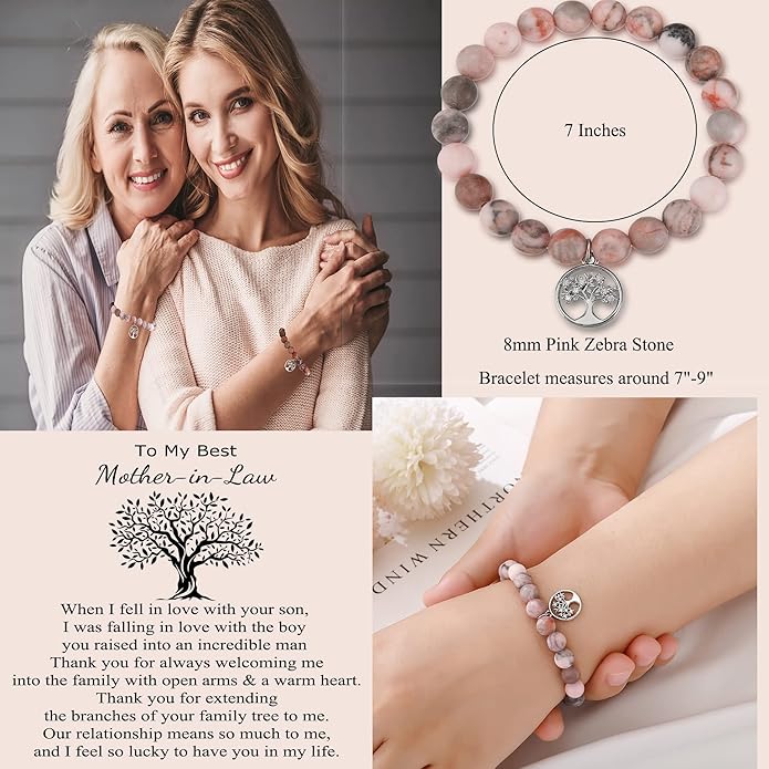 QWNHONEY Mothers Day Gift for Grandma Mom Mother in Law Sister in Law Bonus mom Granny Nana Valentine's Day Birthday Anniversary Pink Red Natural Stone Tree of Life Bracelet