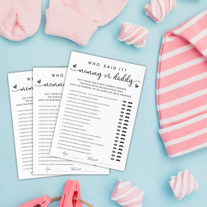 EXW Baby Shower Games, Who Said It Mommy Or Daddy, Double-Sided Filling White Minimalism Game Cards, Baby Shower Activity, Party Supplies & Decorations, Set of 30 -A03