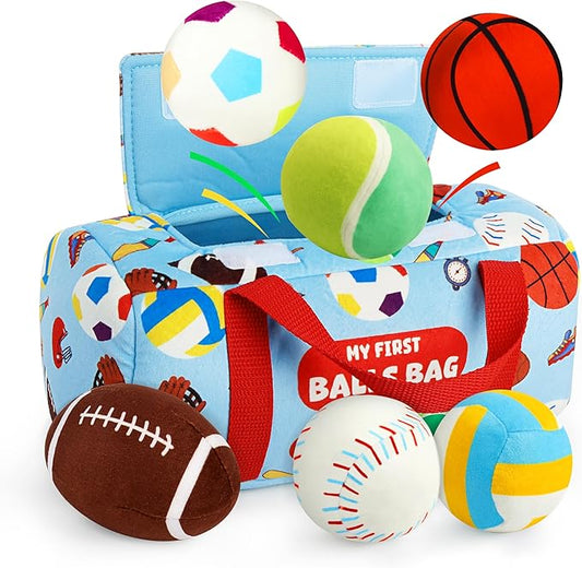 Vanmor Sensory Sports Balls for Babies 6-12M+, 6 Pack Machine Washable Plush Ball Set with Crinkle, Rattles, Squeaky Sounds, Toddler Learning Toys, Portable Travel Bag, Baby Shower Toy for Newborn