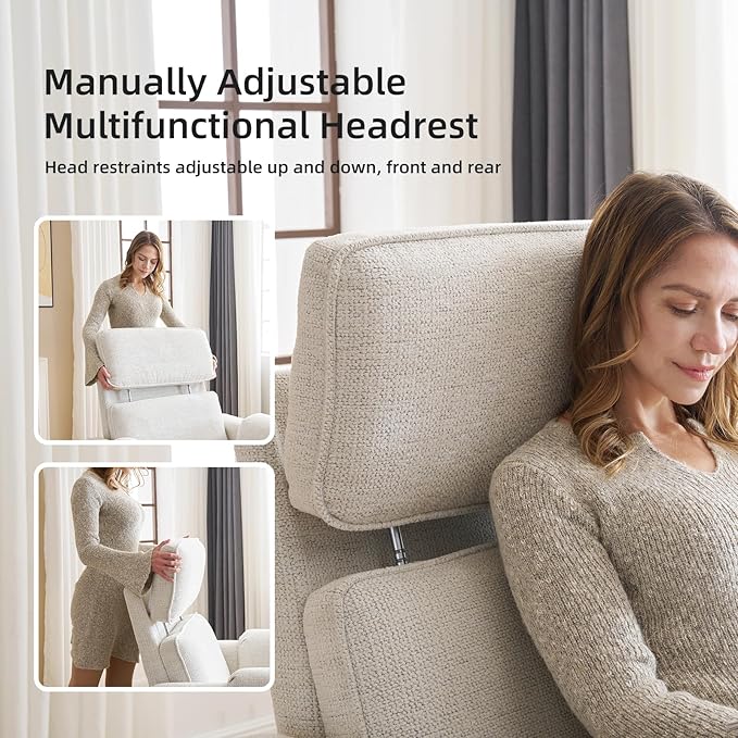 Oversized Power Recliner Chair, 26" Extra Wide Swivel Rocker Recliner with Adjustable Headrest, Chenille Glider Rocking Nursery Chair with Overstuffed Armrest, USB Ports, White