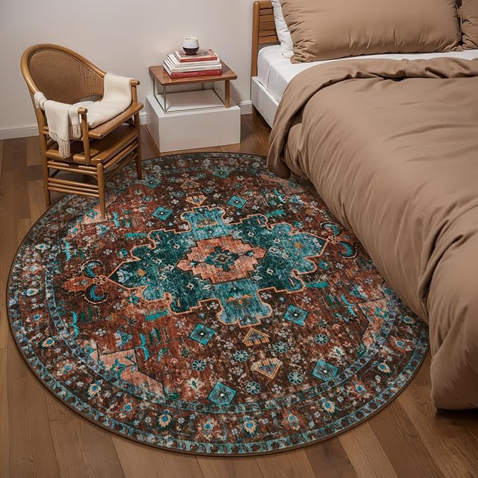 Ciicool Boho Area Rug 4x4ft Round Washable Bedroom Non-Slip Vintage Entryway Throw Low-Pile Indoor Carpet for Living Room Foyer(Brick Red/Dull Teal)