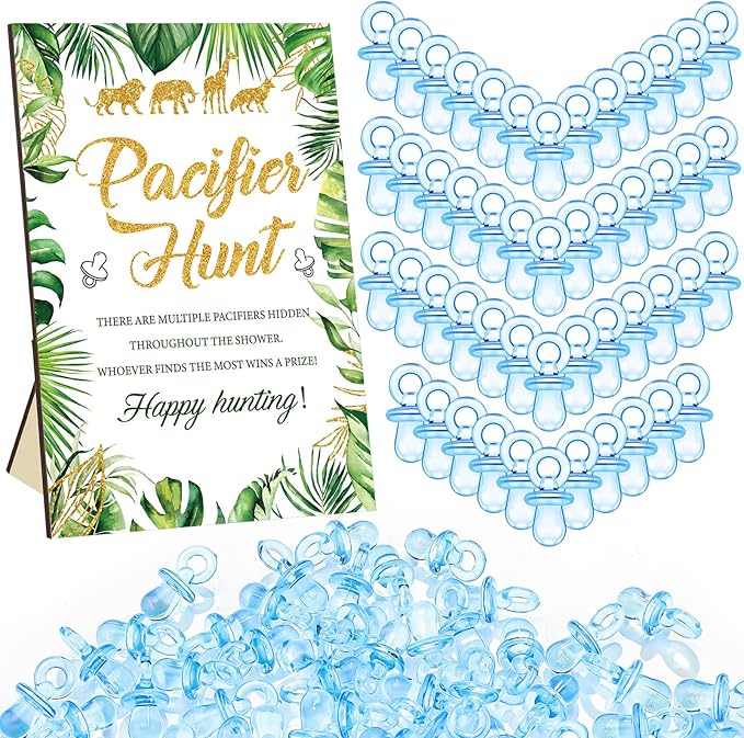 Thyle 51 Pcs Pacifier Hunt Baby Shower Games Include Hunt Sign and 50 Acrylic Pacifiers for Baby Shower Game Decoration Gift Sets Gender Reveal Party Decor(Jungle Animals)
