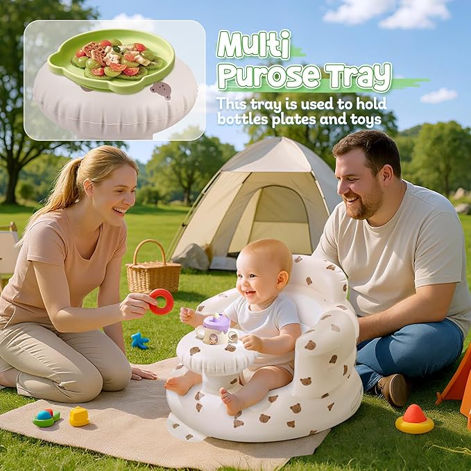 Arscniek Inflatable Baby Seat Built in Air Pump, Blow Up Baby Chair with Back Support and Tray, Sit Me Up Floor Seat for Babies 3-36 Months, Portable Infant Chairs for Indoor and Outdoor - Bear Head