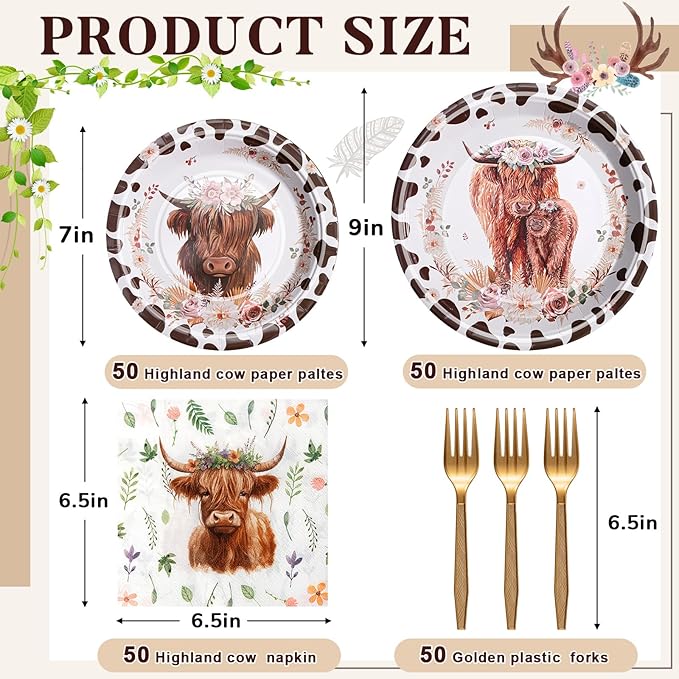 Domensi 200 Pcs Highland Cow Party Supplies for 50 Guests Include 100 Pcs Cow Print Plates 50 Napkins Paper 50 Forks Farm Animal Theme Party Tableware Kit for Birthday Baby Shower Decorations
