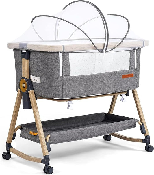 Maydolly Baby Bassinet & Bedside Sleeper, 3 in 1 Rocking Bassinet with Mattress & Sheet, Adjustable Height, Removable Breathable Cover, Easy Folding Infant Crib (Grey)