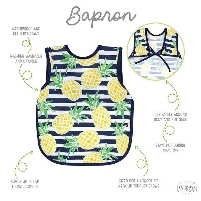 BapronBaby Pineapple Stripes Bapron - No Neck Tie Safer Bib for Baby & Toddler - Soft Waterproof Stain Resistant - Machine Washable - Sz Baby/Toddler 6m-3T