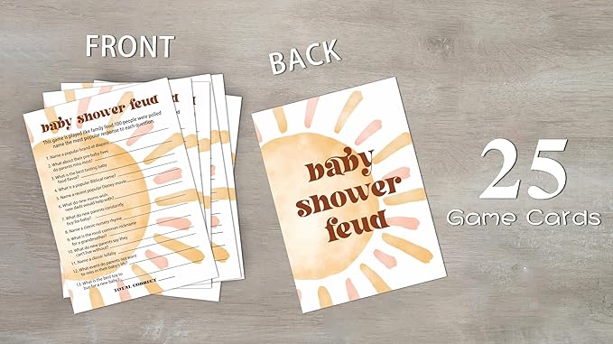 Baby Shower Games, Boho Sun Baby Shower Feud Game, Sunshine Here Comes The Son Gender Reveal Games, Set of 25 Cards(Bohosun003)